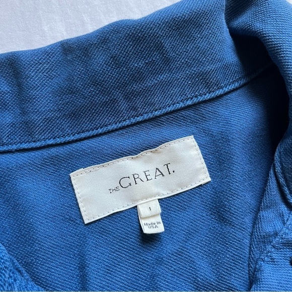 THE GREAT. Blue denim button up peplum ruffle long sleeve crop top shirt jacket - Picture 5 of 6